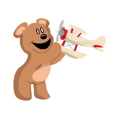 A bear playing an airplane, a flat and isolated design illustration