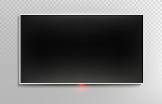Realistic 4k LED TV panel with black screen or display on transparent background. Living room modern interior design Copy space monitor mock-up template