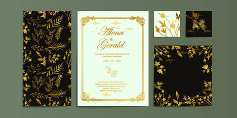 Luxury set of gold line art floral wedding card invitation templates