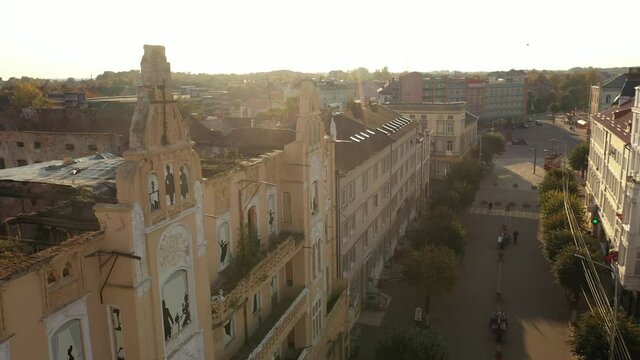 The old damaged Theater of Queen Louise in Sovetsk, Russia, view from a drone