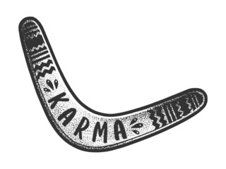 karma boomerang sketch engraving vector illustration. T-shirt apparel print design. Scratch board imitation. Black and white hand drawn image. - obrazy, fototapety, plakaty