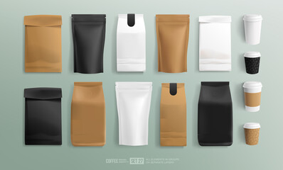 Paper food package design and coffee stand-up foil pouch mock-up template. Beverage cup. Packaging for coffee beans or flour blank mockup