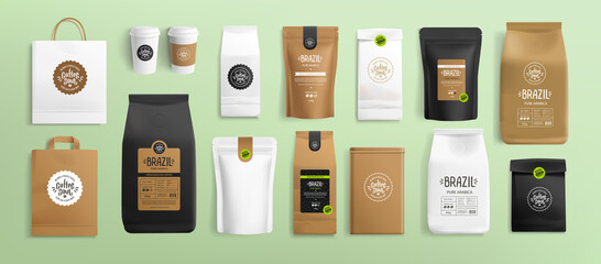 Coffee logo design on label with package mock-up for your brand presentation - vector template. Coffee soul logo with zip package mockup, shopping bag, cup, stand-up pouch. Paper food packaging © VRTX