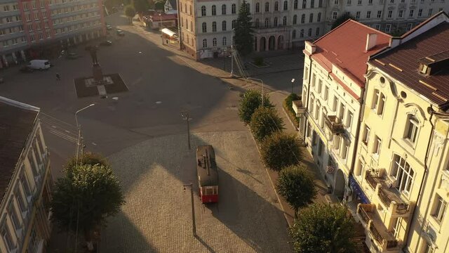 The Tram exhibit on the square of Sovetsk city, view from a drone