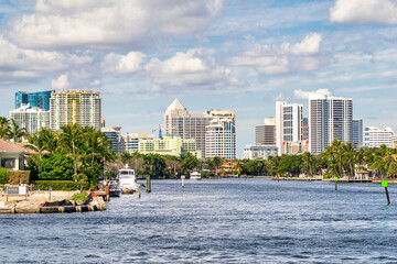 Fort Lauderdale canals and city skyline on a beautiful sunny day, Florida.