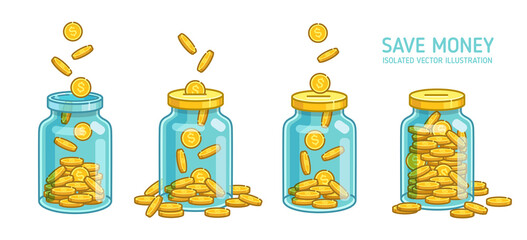 Money Jar or Moneybox savings falling coins on white background. Accumulate and save your money dollar in jar. Flat line vector coins illustration	