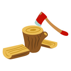 a red ax with a piece of wood to be cut and two pieces of wood vector illustration