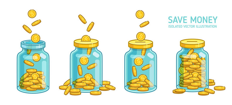 Money Jar Or Moneybox Savings Falling Coins On White Background. Accumulate And Save Your Money Dollar In Jar. Flat Line Vector Coins Illustration	