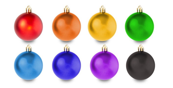 Many hanging multicolored Christmas balls isolated on white background.