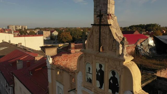 The old damaged Theater of Queen Louise in Sovetsk, Russia, view from a drone