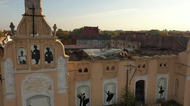 The old damaged Theater of Queen Louise in Sovetsk, Russia, view from a drone