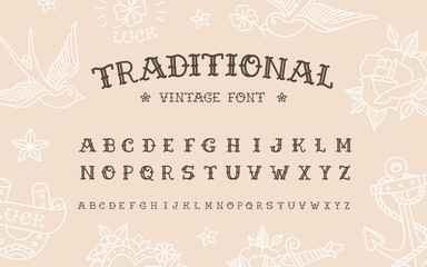 Traditional tattoo vintage doodle type font vector template. Old School Tattoo and Rock style font. Tattoo Alphabet