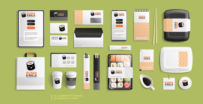 Sushi and Rolls food package design with branding identity. Fast food packaging. Sushi package mockup set of lunch box, rolls, chopsticks paper bag, menu