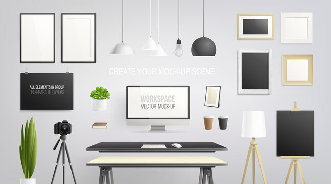 Interior workplace constructor scene with computer desktop display, table, blank mockups posters in frame on wall. Editable Mockup set of creative work place background with copmuter desktop and frame