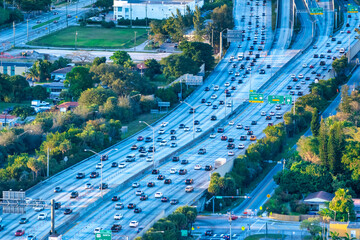 Aerial view of I-95 interstate with sunset traffic, Miami, Florida.