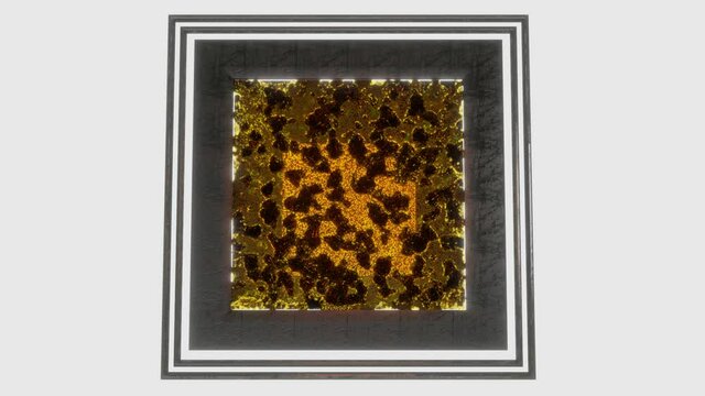 animated abstract picture with gold texture in a black frame on a white background. looped background. 3d render