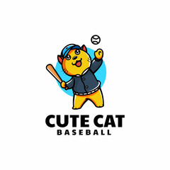 Vector Logo Illustration Baseball Cat Mascot Cartoon Style.