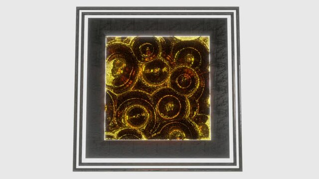 animated abstract picture with gold texture in a black frame on a white background. looped background. 3d render