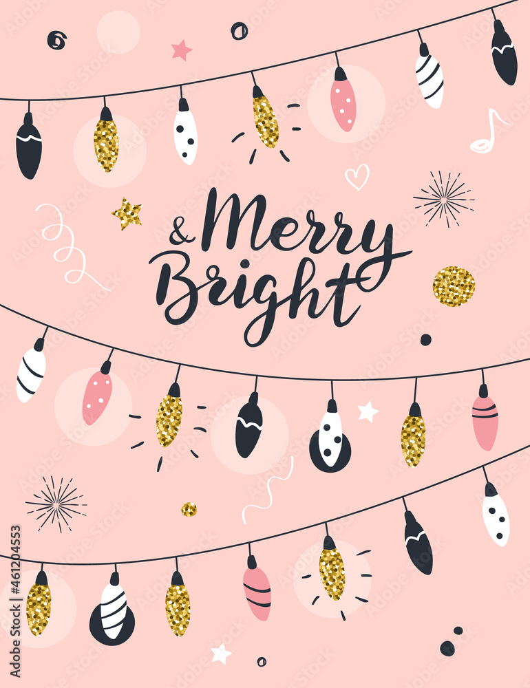 Wall mural merry and bright, christmas greeting card, hand drawn vector template.