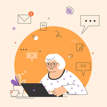 Happy grandma with laptop, elderly woman using computer for internet communication. Concept vector illustration, flat design.