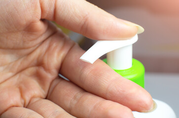 Hand soap close up. Cleaning and Disinfecting hands gel. Prevention flu and virus disease.