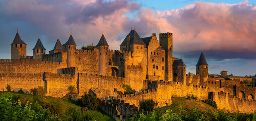 Fortifications Carcassonne in the light of the setting sun