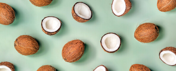 Coconut pattern. Summer background. Fruit banner. Flat lay