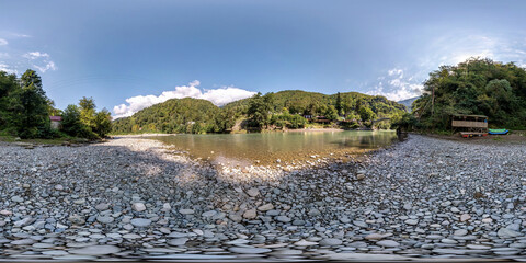full seamless 360 hdri panorama on the stone coast of a fast mountain river  in equirectangular...