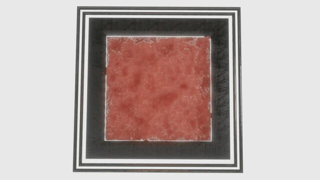 animated abstract picture with pink texture in a black frame on a white background. looped background. 3d render
