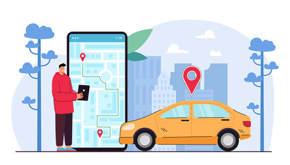 Fototapeta na wymiar Man tracking taxi driver cab on tablet map. Guy using device for car location with GPS system app. Male checking navigation on smartphone booking taxi. Cartography display. Flat vector illustration.