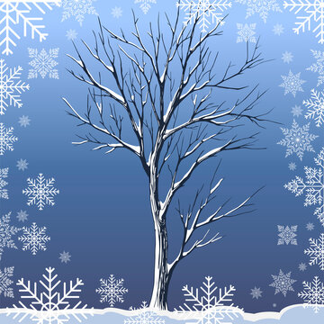 Christmas card. Winter background. A tree in the snow in a frame of snowflakes. Vector illustration.