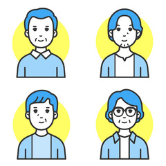 Web口コミ広告に使いやすいシンプルでフラットな線のキャラクターミドルシニア世代の男性バリエーション
