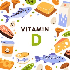 Food sources of Vitamin D. Card with natural nutrients enriched with vitamine. Organic nutrition frame with background for text, cheese, dairy products, butter and fish. Flat vector illustration