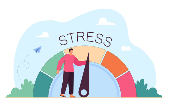 Tired business person reducing level of stress. Cartoon character pulling arrow, measure of stress at work flat vector illustration. Stress, crisis, pressure concept for banner or landing web page
