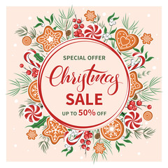 Christmas sale square banner, background decorated with different winter plants, cookies and sweets background. Vector illustration