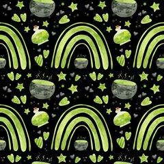 Photo sur Plexiglas Vert Modèle sans couture d& 39 Halloween avec arcs-en-ciel verts, potion et chaudron sorcier. Papier de scrapbooking numérique Spooky sur fond noir.