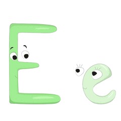 Capital and lowercase letters Ee from the English alphabet in the form of funny and cute cartoon characters of an adult and a kid. Pastel green colors. Vector illustration