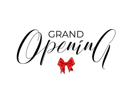 Grand Open banner isolated on white background, creative vector illustration. Calligraphy script letters, red silk bow, minimalist simple design for flyers, invitations. Grand opening handwritten word