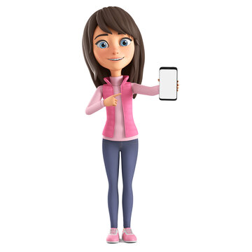 Cartoon character beautiful girl in a pink jacket points to a mobile phone. 3d render illustration.