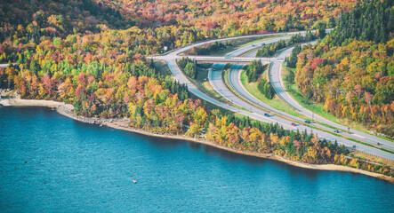 Echo Lake from Cannon Mountain, New Hampshire in autumn. Foliage season.