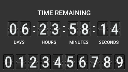 Flip scoreboard countdown counter timer. Countdown board of remaining time with day, hour, minute and second scoreboards. Vector illustration.