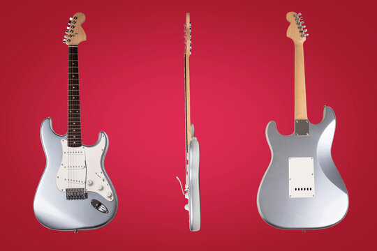 Silver electric guitar front, side and back view isolated on red background.