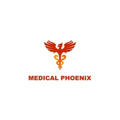Medical red phoenix shape, apothecary logo with caduceus shape illustration.