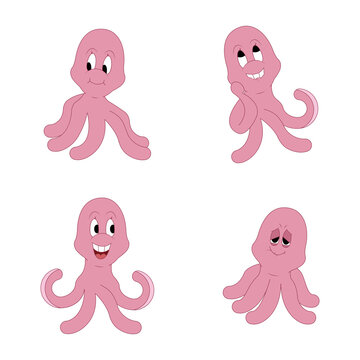 Octopus set with different emotions. Cute octopus character.