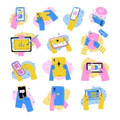 Set of icons with cartoon human hands and gadgets. Gestures with smartphone, phone and tablet. Cartoon modern style. Vector.