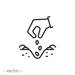 sow seed icon, grain put in soil, hand plant sowing, cultivate harvest, agriculture or farmer concept, thin line symbol on white background - editable stroke vector illustration eps10