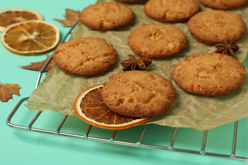 Concept of tasty food with pumpkin cookies, close up