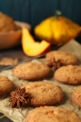 Concept of tasty food with pumpkin cookies, close up