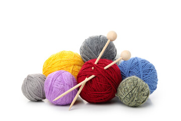 Multi colored balls of yarn with knitting needles, isolated on white background - Powered by Adobe