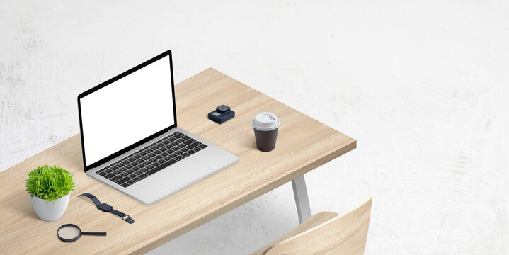 Laptop on office desk in isometric position. Isolated display for web page presentation